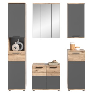 Ensemble de salle de bains : Meuble sous vasque, colonne, armoire de rangement avec miroir + 2 demi-colonne – Gris anthracite et