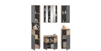 Ensemble de salle de bains : Meuble sous vasque, colonne, armoire de rangement avec miroir + 2 demi-colonne – Gris anthracite et