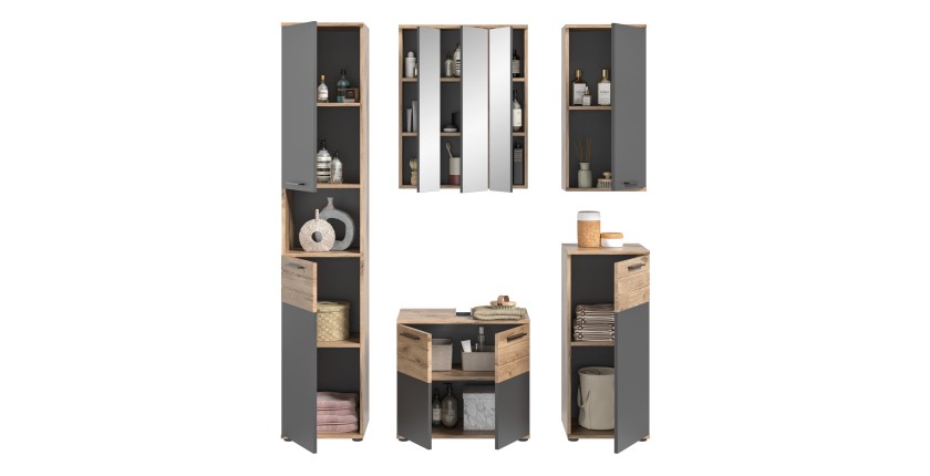 Ensemble de salle de bains : Meuble sous vasque, colonne, armoire de rangement avec miroir + 2 demi-colonne – Gris anthracite et