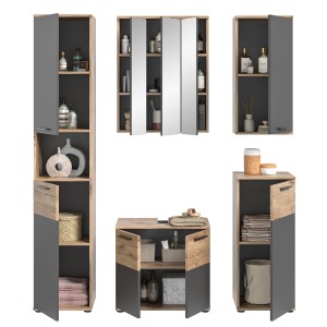 Ensemble de salle de bains : Meuble sous vasque, colonne, armoire de rangement avec miroir + 2 demi-colonne – Gris anthracite et