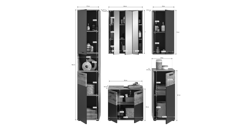 Ensemble de salle de bains : Meuble sous vasque, colonne, armoire de rangement avec miroir + 2 demi-colonne – Gris anthracite et