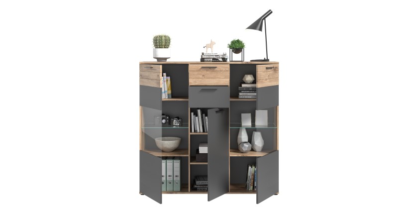 Buffet haut avec porte vitrée – Gris anthracite et chêne clair – SELMA