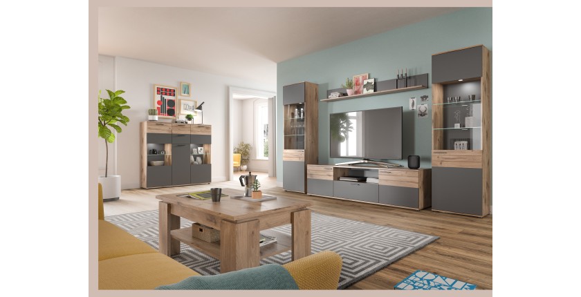 Buffet haut avec porte vitrée – Gris anthracite et chêne clair – SELMA