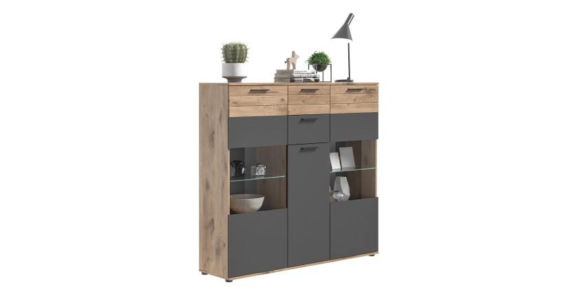 Buffet haut avec porte vitrée – Gris anthracite et chêne clair – SELMA