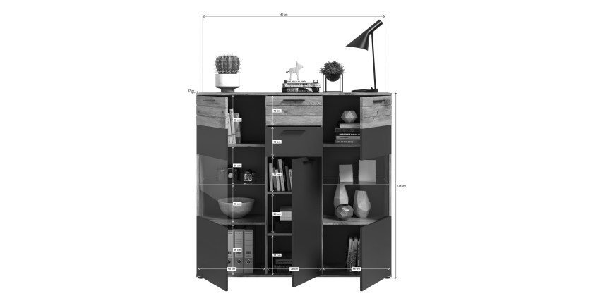 Buffet haut avec porte vitrée – Gris anthracite et chêne clair – SELMA