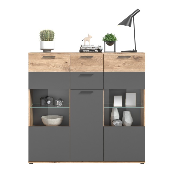 Hoher Buffetschrank mit Glastür – Anthrazitgrau und helles Eichenholz – SELMA