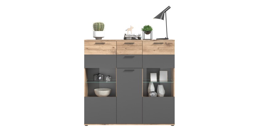 Buffet haut avec porte vitrée – Gris anthracite et chêne clair – SELMA
