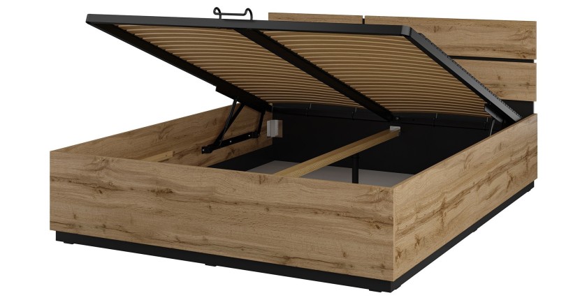 Lit coffre HAVANA 180x200 cm - Chêne et noir – Lit double moderne avec rangement intégré