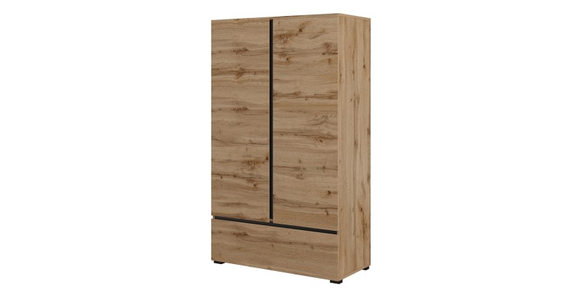 Armario de almacenamiento HAVANA en roble y negro con 2 puertas y 1 cajón - Mueble moderno y compacto para dormitorio