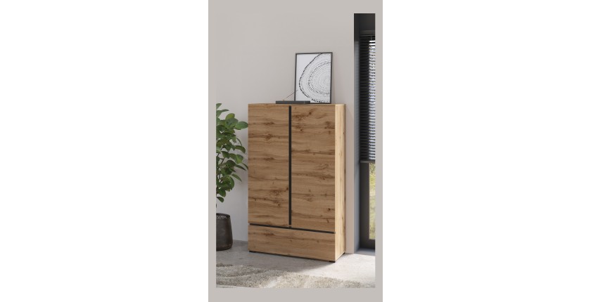 Armario de almacenamiento HAVANA en roble y negro con 2 puertas y 1 cajón - Mueble moderno y compacto para dormitorio