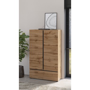 Armario de almacenamiento HAVANA en roble y negro con 2 puertas y 1 cajón - Mueble moderno y compacto para dormitorio