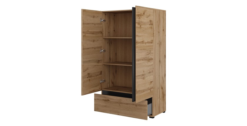Armario de almacenamiento HAVANA en roble y negro con 2 puertas y 1 cajón - Mueble moderno y compacto para dormitorio