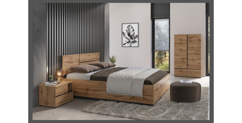 Armario de almacenamiento HAVANA en roble y negro con 2 puertas y 1 cajón - Mueble moderno y compacto para dormitorio