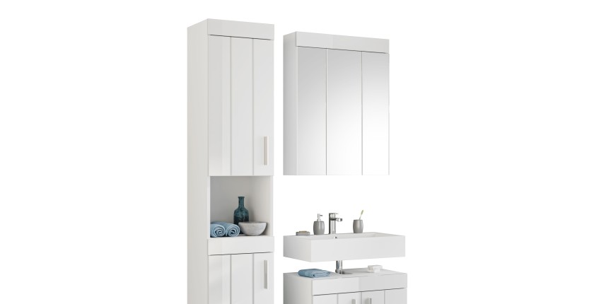 Badezimmer-Set: Waschbeckenunterschrank + Spiegelschrank – Hochglanz Weiß – VENICE