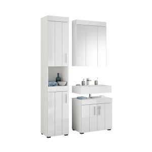 Badezimmer-Set: Waschbeckenunterschrank + Spiegelschrank – Hochglanz Weiß – VENICE