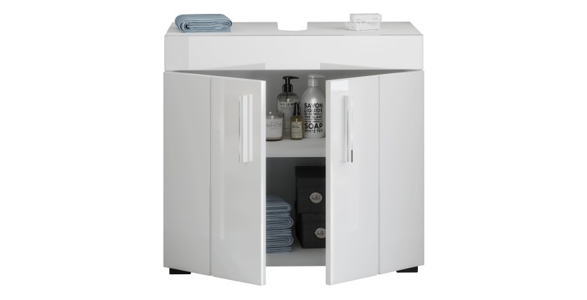 Ensemble de salle de bain : meuble sous vasque + armoire de rangement avec miroir – Blanc laqué – VENICE