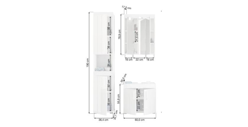 Ensemble de salle de bain : meuble sous vasque + armoire de rangement avec miroir – Blanc laqué – VENICE