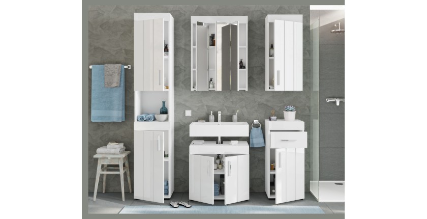 Badezimmer-Set: Waschbeckenunterschrank + Spiegelschrank – Hochglanz Weiß – VENICE