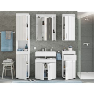 Badezimmer-Set: Waschbeckenunterschrank + Spiegelschrank – Hochglanz Weiß – VENICE