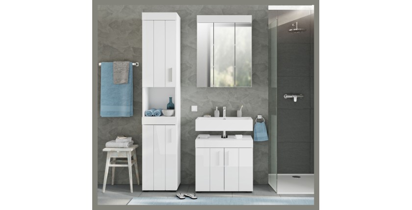 Badezimmer-Set: Waschbeckenunterschrank + Spiegelschrank – Hochglanz Weiß – VENICE