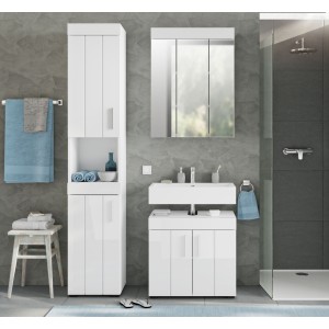 Badezimmer-Set: Waschbeckenunterschrank + Spiegelschrank – Hochglanz Weiß – VENICE