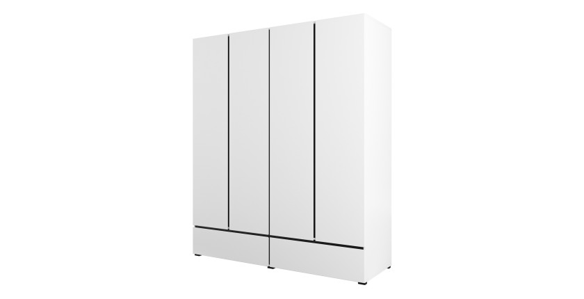 Chambre complète HAVANA blanc et noir – Lit 160x200, armoire 4 portes, chevets et commode
