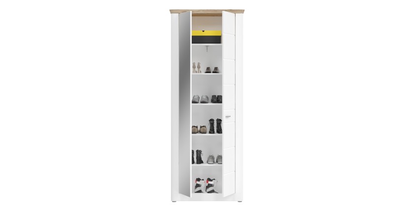Meuble à chaussures CAMPAGNA blanc mat avec miroir – 2 portes, 6 étagères