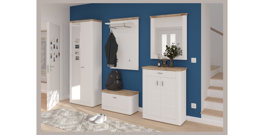 Porte manteau mural CAMPAGNA blanc et chêne – 3 patères et étagère, style campagne