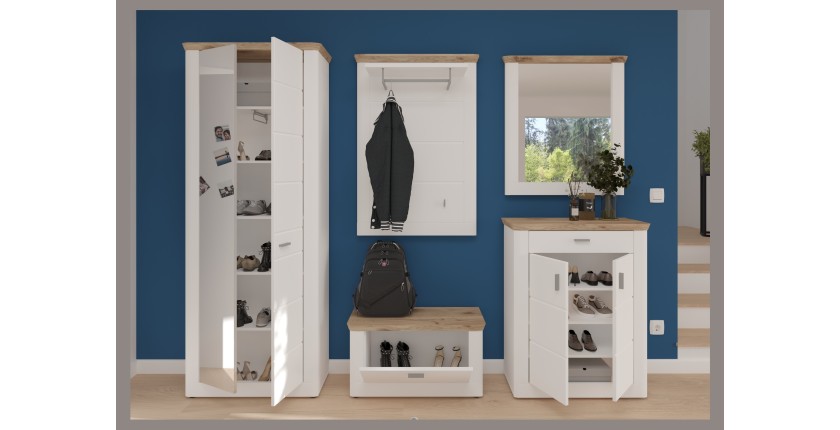 Porte manteau mural CAMPAGNA blanc et chêne – 3 patères et étagère, style campagne