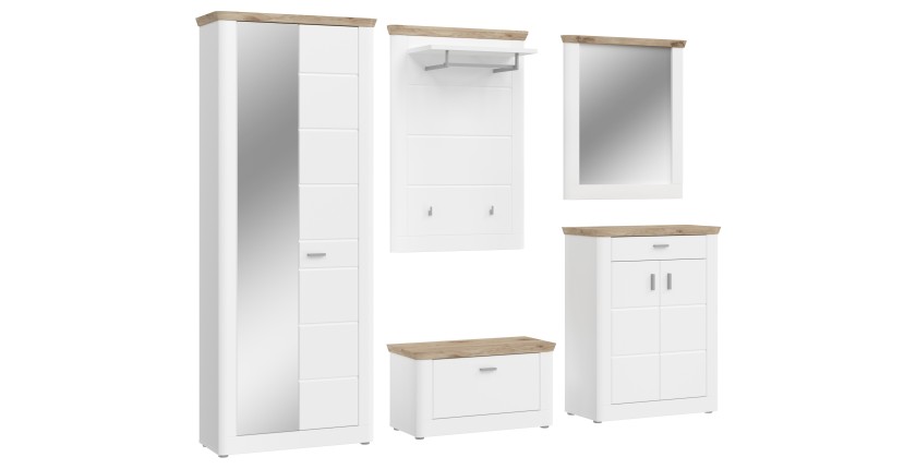 Ensemble d’entrée CAMPAGNA blanc et chêne – buffet, armoire, miroir, porte manteau, meuble à chaussures