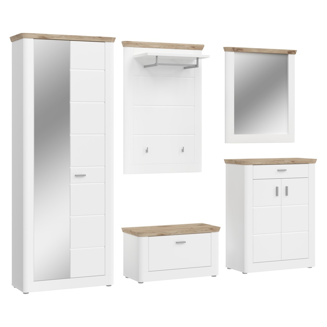 Ensemble d’entrée CAMPAGNA blanc et chêne – buffet, armoire, miroir, porte manteau, meuble à chaussures