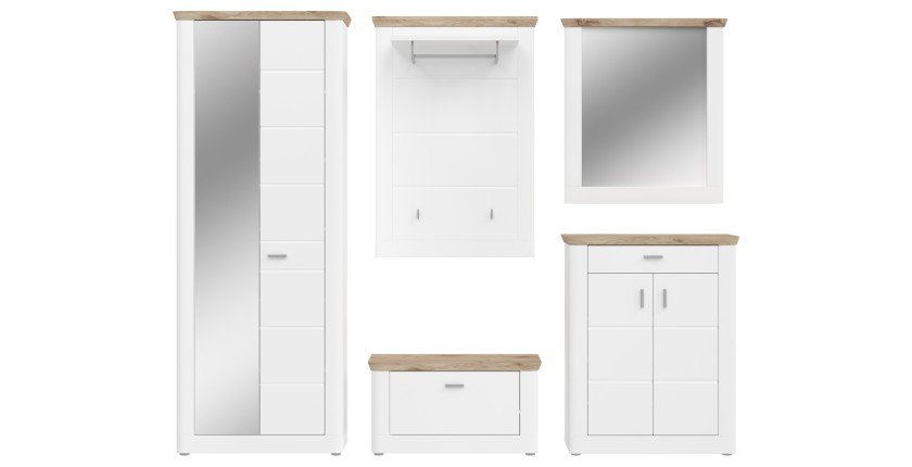 Ensemble d’entrée CAMPAGNA blanc et chêne – buffet, armoire, miroir, porte manteau, meuble à chaussures