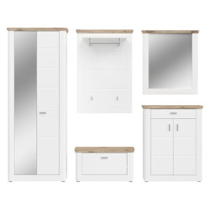 Ensemble d’entrée CAMPAGNA blanc et chêne – buffet, armoire, miroir, porte manteau, meuble à chaussures