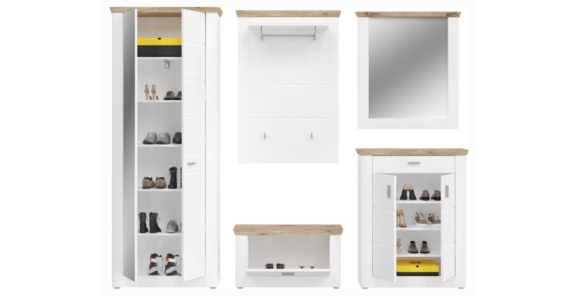 Ensemble d’entrée CAMPAGNA blanc et chêne – buffet, armoire, miroir, porte manteau, meuble à chaussures