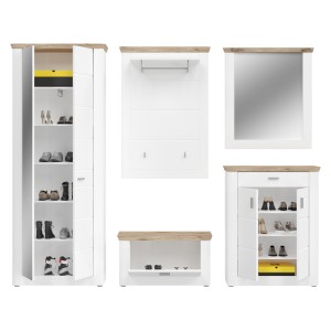 Ensemble d’entrée CAMPAGNA blanc et chêne – buffet, armoire, miroir, porte manteau, meuble à chaussures