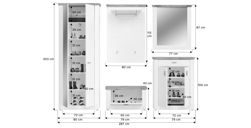 Ensemble d’entrée CAMPAGNA blanc et chêne – buffet, armoire, miroir, porte manteau, meuble à chaussures