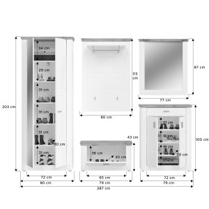 Ensemble d’entrée CAMPAGNA blanc et chêne – buffet, armoire, miroir, porte manteau, meuble à chaussures