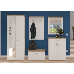 Ensemble d’entrée CAMPAGNA blanc et chêne – buffet, armoire, miroir, porte manteau, meuble à chaussures