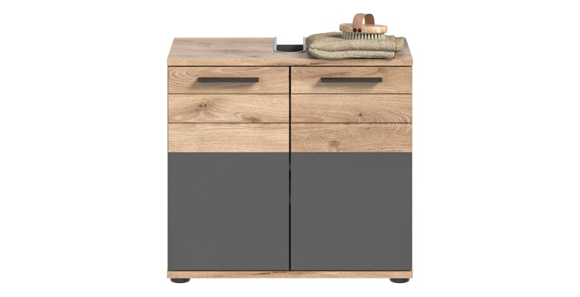 Ensemble de salle de bain : meuble sous vasque + colonne + armoire de rangement avec miroirs et LED + 2 demi colonne – Gris anth