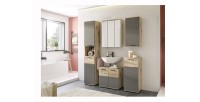 Ensemble de salle de bain : meuble sous vasque + colonne + armoire de rangement avec miroirs et LED + 2 demi colonne – Gris anth