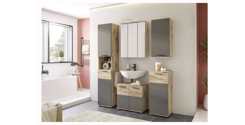 Ensemble de salle de bain : meuble sous vasque + colonne + armoire de rangement avec miroirs et LED + 2 demi colonne – Gris anth