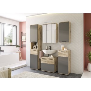 Ensemble de salle de bain : meuble sous vasque + colonne + armoire de rangement avec miroirs et LED + 2 demi colonne – Gris anth