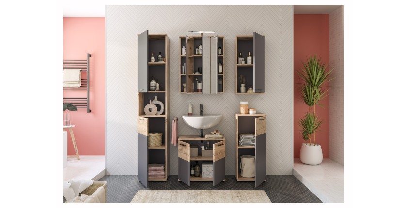 Ensemble de salle de bain : meuble sous vasque + colonne + armoire de rangement avec miroirs et LED + 2 demi colonne – Gris anth