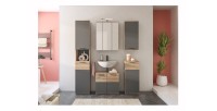 Ensemble de salle de bain : meuble sous vasque + colonne + armoire de rangement avec miroirs et LED + 2 demi colonne – Gris anth