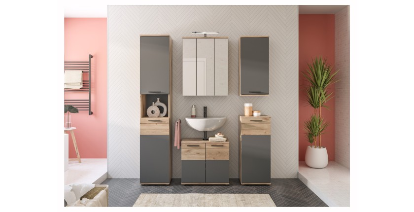 Ensemble de salle de bain : meuble sous vasque + colonne + armoire de rangement avec miroirs et LED + 2 demi colonne – Gris anth