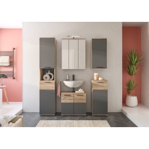 Ensemble de salle de bain : meuble sous vasque + colonne + armoire de rangement avec miroirs et LED + 2 demi colonne – Gris anth
