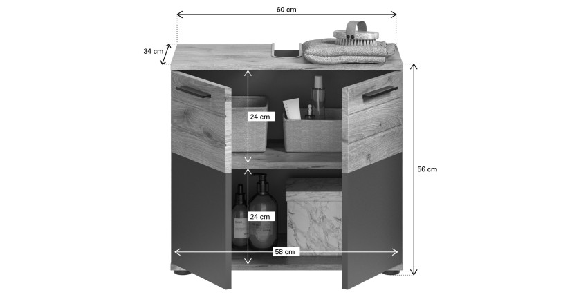 Ensemble de salle de bain : meuble sous vasque + colonne + armoire de rangement avec miroirs et LED + 2 demi colonne – Gris anth