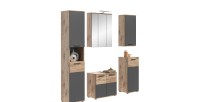 Ensemble de salle de bain : meuble sous vasque + colonne + armoire de rangement avec miroirs et LED + 2 demi colonne – Gris anth