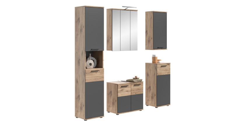 Ensemble de salle de bain : meuble sous vasque + colonne + armoire de rangement avec miroirs et LED + 2 demi colonne – Gris anth