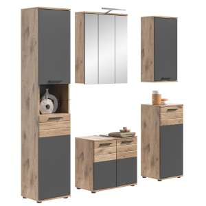 Ensemble de salle de bain : meuble sous vasque + colonne + armoire de rangement avec miroirs et LED + 2 demi colonne – Gris anth